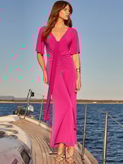 Sosandar Purple Ruched Detail Angel Sleeve Maxi Dress - Image 2 of 5