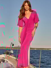 Sosandar Purple Ruched Detail Angel Sleeve Maxi Dress - Image 3 of 5