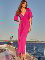 Sosandar Purple Ruched Detail Angel Sleeve Maxi Dress - Image 4 of 5