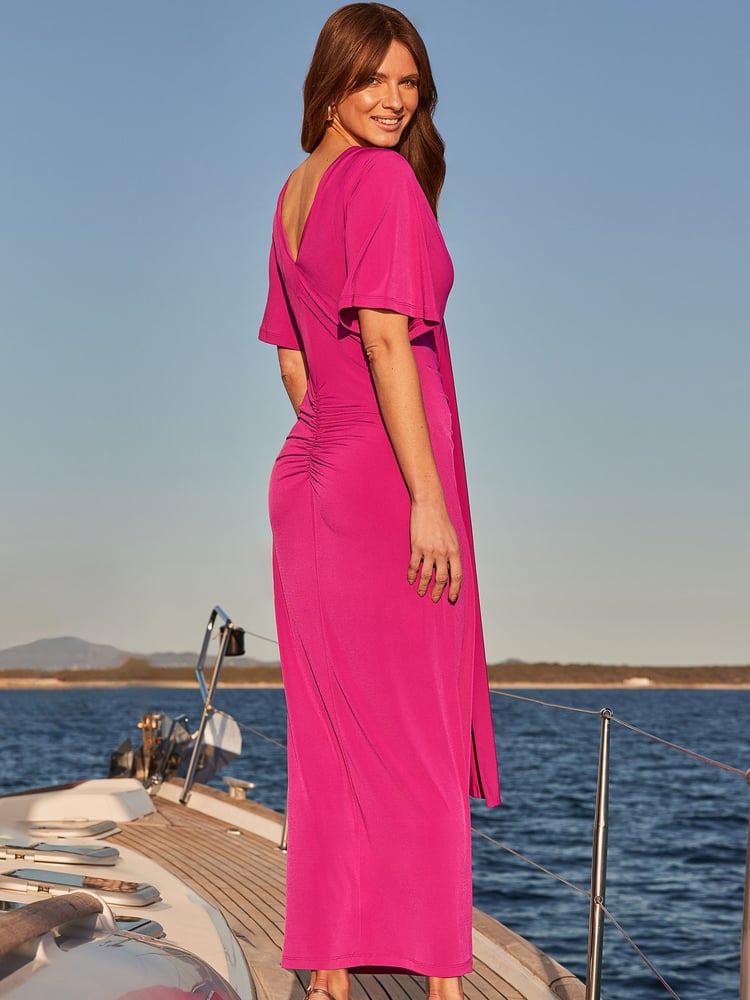 Sosandar Purple Ruched Detail Angel Sleeve Maxi Dress - Image 5 of 5