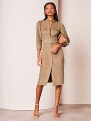 Lipsy Camel Suedette Petite Collarless 3/4 Sleeve Belted Shirt Dress - Image 1 of 4