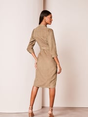 Lipsy Camel Suedette Petite Collarless 3/4 Sleeve Belted Shirt Dress - Image 2 of 4