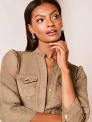 Lipsy Camel Suedette Petite Collarless 3/4 Sleeve Belted Shirt Dress - Image 4 of 4