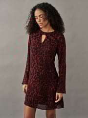 Red Animal Print Bow Neck Detail Long Sleeve Mini Dress - Image 1 of 7