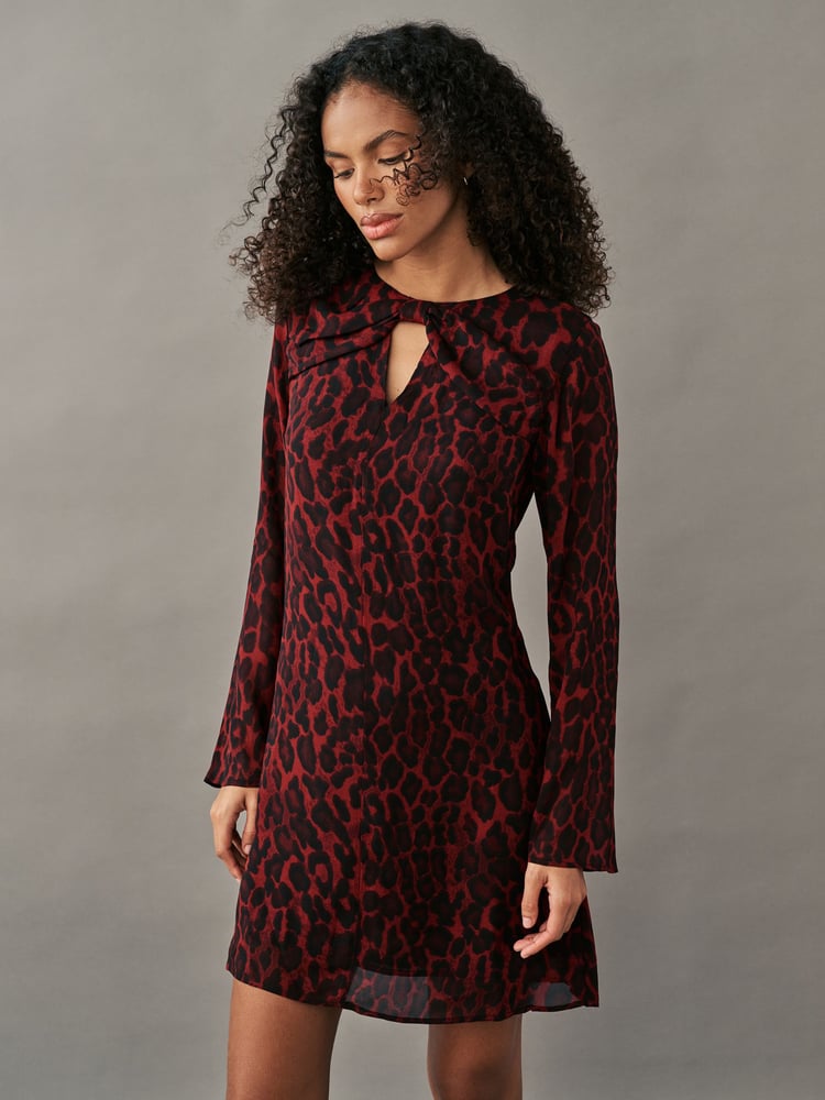 Red Animal Print Bow Neck Detail Long Sleeve Mini Dress - Image 1 of 7