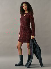 Red Animal Print Bow Neck Detail Long Sleeve Mini Dress - Image 2 of 7