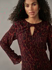 Red Animal Print Bow Neck Detail Long Sleeve Mini Dress - Image 4 of 7