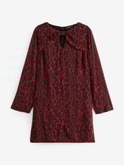 Red Animal Print Bow Neck Detail Long Sleeve Mini Dress - Image 5 of 7