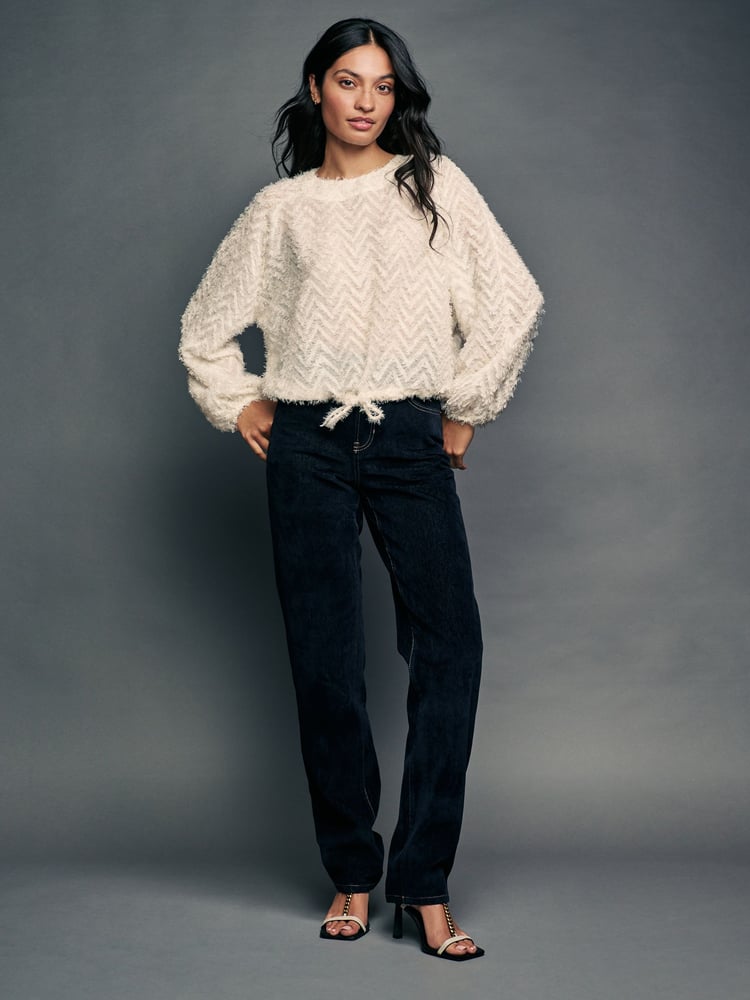 Ecru Cream Long Sleeve Textured Bubblehem Blouse - Image 2 of 7