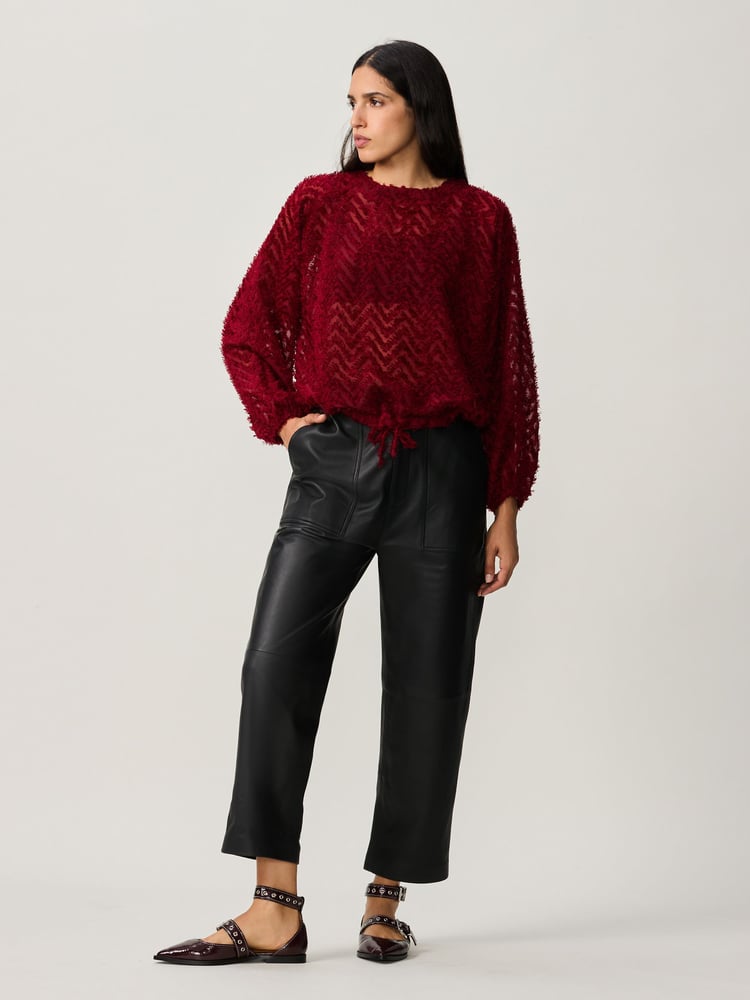 Burgundy Long Sleeve Textured Bubblehem Blouse - Image 2 of 9