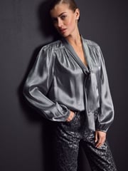 Silver Tie Neck Metallic Blouse - Image 1 of 8