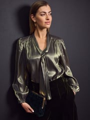 Gold Tie Neck Metallic Blouse - Image 1 of 8