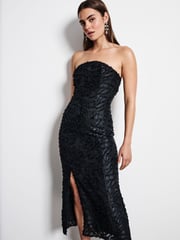 Black 3D Feathered Bandeau Midi Dress - Image 1 of 8