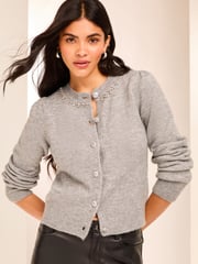 Lipsy Grey Diamante Trim Button Through Knitted Cardigan - Image 1 of 4