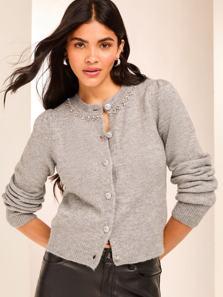 Lipsy Grey Diamante Trim Button Through Knitted Cardigan - Image 1 of 4