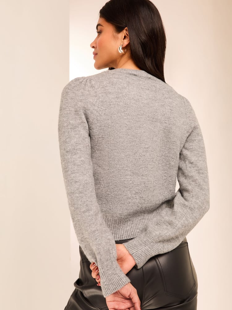 Lipsy Grey Diamante Trim Button Through Knitted Cardigan - Image 2 of 4