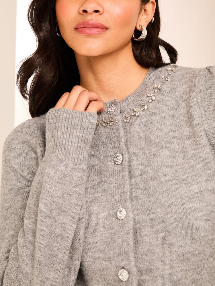 Lipsy Grey Diamante Trim Button Through Knitted Cardigan - Image 4 of 4