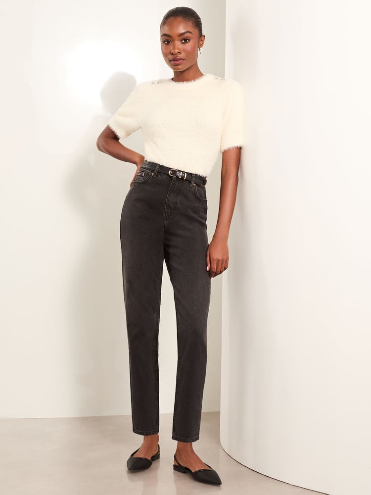 Lipsy Ivory White Cable Knitted Short Sleeve Embellished Jumper - Image 1 of 4 Lipsy Ivory White Cable Knitted Short Sleeve Embellished Jumper - Image 1 of 4