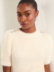 Lipsy Ivory White Cable Knitted Short Sleeve Embellished Jumper - Image 3 of 4