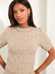 Lipsy Camel Cable Knitted Short Sleeve Embellished Jumper - Image 1 of 4