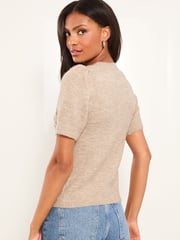 Lipsy Camel Cable Knitted Short Sleeve Embellished Jumper - Image 4 of 4