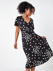 Roman Black Petite Polka Dot Stretch Midi Dress - Image 1 of 5