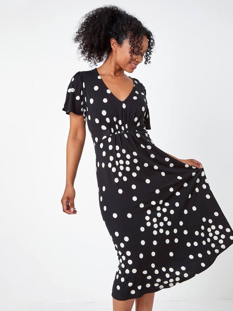 Roman Black Petite Polka Dot Stretch Midi Dress - Image 1 of 5