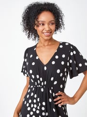 Roman Black Petite Polka Dot Stretch Midi Dress - Image 4 of 5