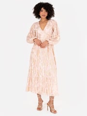 Lovedrobe Nude Long Sleeve Foiled Wrap Front Midaxi Dress - Image 1 of 6