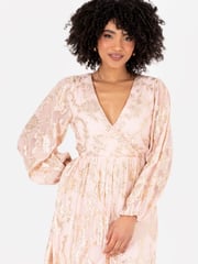 Lovedrobe Nude Long Sleeve Foiled Wrap Front Midaxi Dress - Image 3 of 6