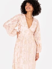 Lovedrobe Nude Long Sleeve Foiled Wrap Front Midaxi Dress - Image 5 of 6