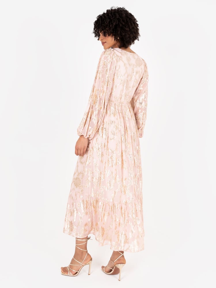 Lovedrobe Nude Long Sleeve Foiled Wrap Front Midaxi Dress - Image 6 of 6