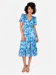 Lovedrobe Blue Shirring Waist Puff Sleeve Midi Dress - Image 1 of 5