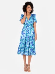 Lovedrobe Blue Shirring Waist Puff Sleeve Midi Dress - Image 2 of 5