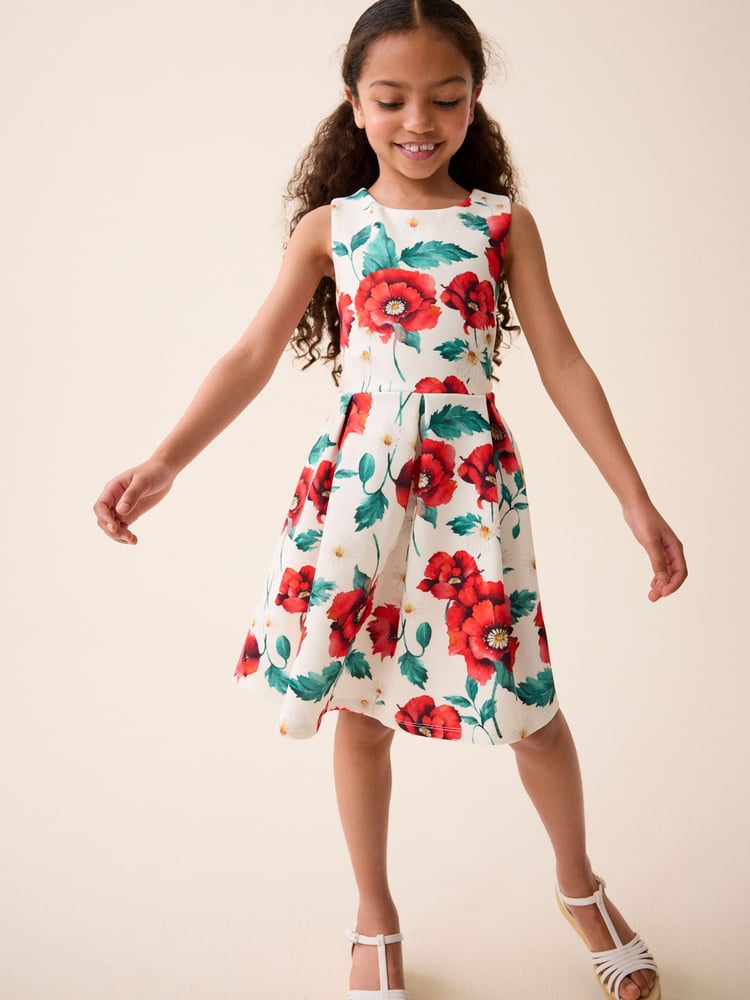 Red/White Flower Print Cut Out Detail Scuba Occasion Dress (1.5-16yrs) - Image 1 of 7
