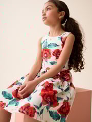 Red/White Flower Print Cut Out Detail Scuba Occasion Dress (1.5-16yrs) - Image 2 of 7