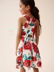 Red/White Flower Print Cut Out Detail Scuba Occasion Dress (1.5-16yrs) - Image 3 of 7