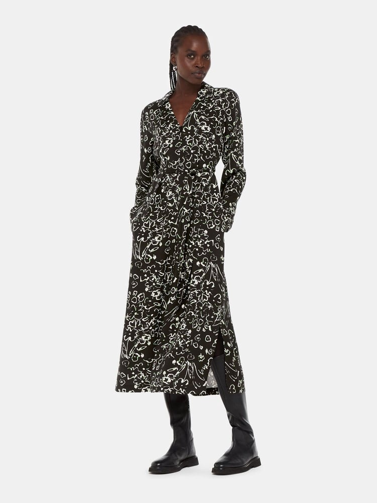 Whistles Scribble Bouquet Midi Black Dress - Image 1 of 5