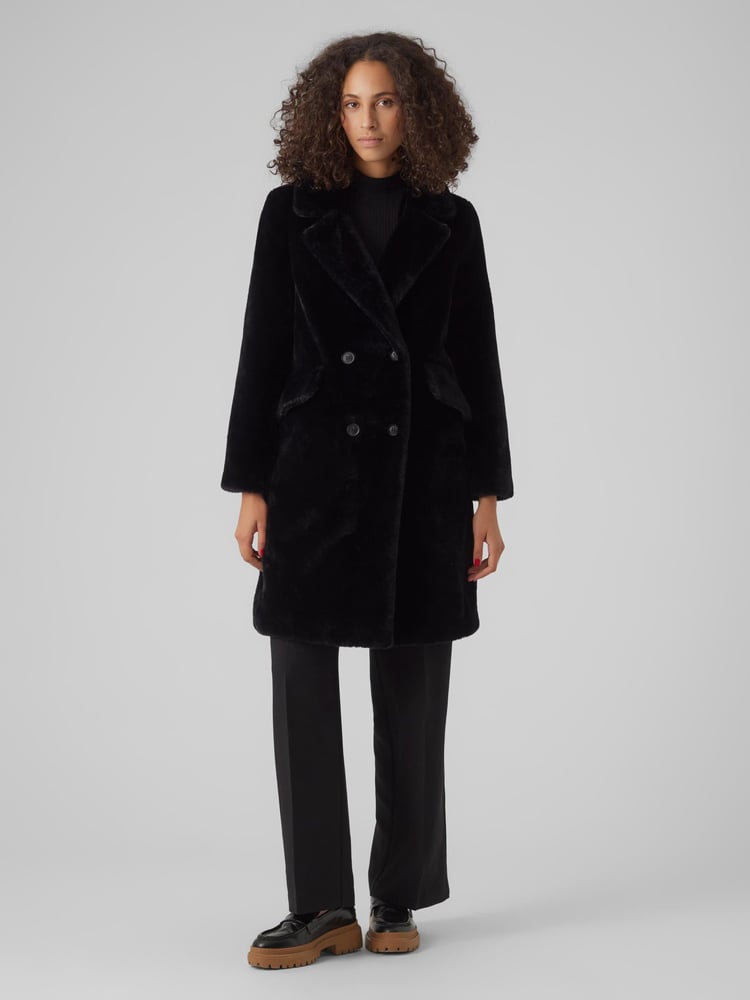 VERO MODA Black Longline Button Up Faux Fur Coat - Image 1 of 5