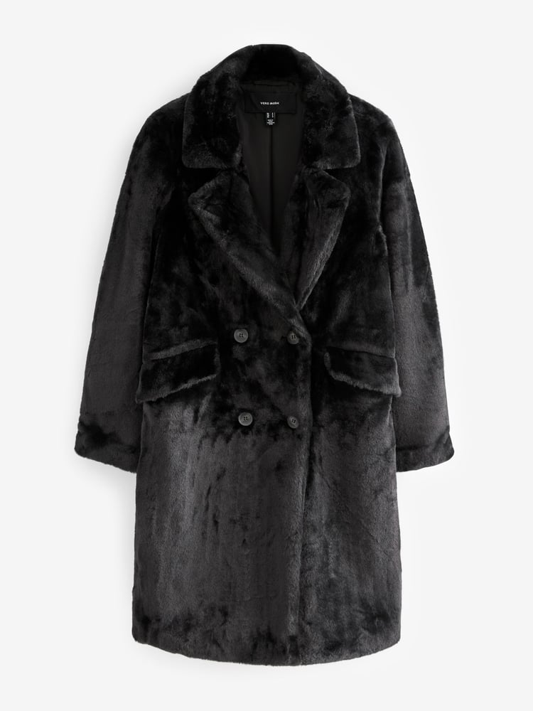 VERO MODA Black Longline Button Up Faux Fur Coat - Image 5 of 5