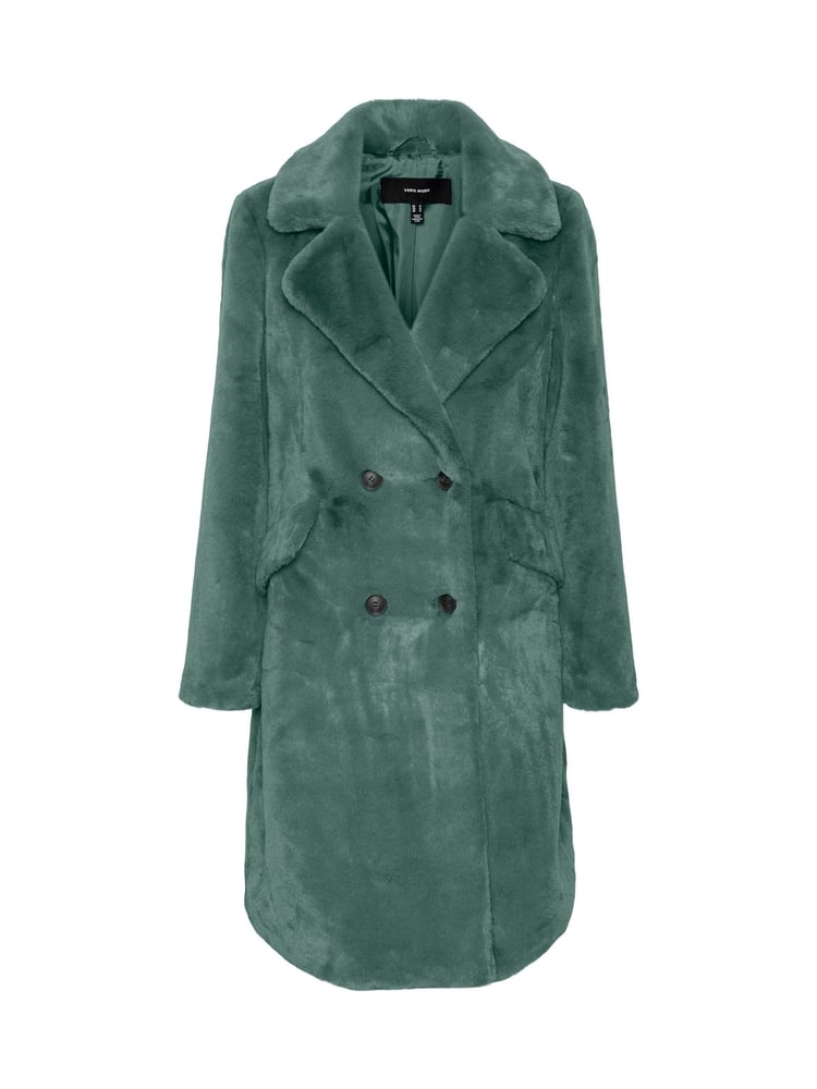 VERO MODA Green Longline Button Up Faux Fur Coat - Image 1 of 1