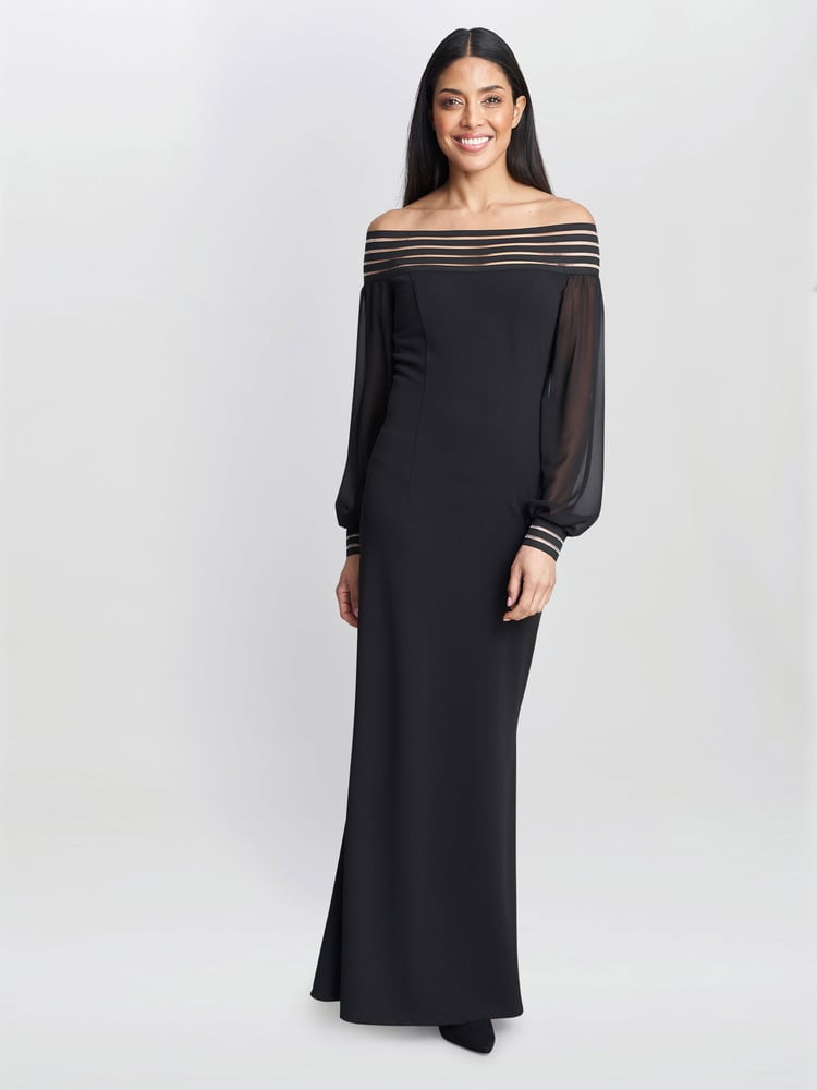 Gina Bacconi Vanessa Crepe Maxi Black Dress With Neck Trim - Image 1 of 5