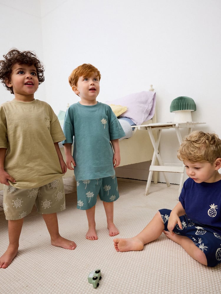 Green/Blue Pineapple Palm Tree 100% Cotton Short Woven Bottoms Pyjamas 3 Pack (9mths-12yrs) - Image 1 of 10 Green/Blue Pineapple Palm Tree 100% Cotton Short Woven Bottoms Pyjamas 3 Pack (9mths-12yrs) - Image 1 of 10
