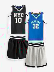 Blue/Black Basketball 100% Cotton Short Textured Bottom Pyjamas 2 Pack (4-16yrs) - Image 1 of 6