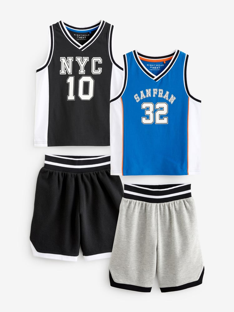 Blue/Black Basketball 100% Cotton Short Textured Bottom Pyjamas 2 Pack (4-16yrs) - Image 1 of 6