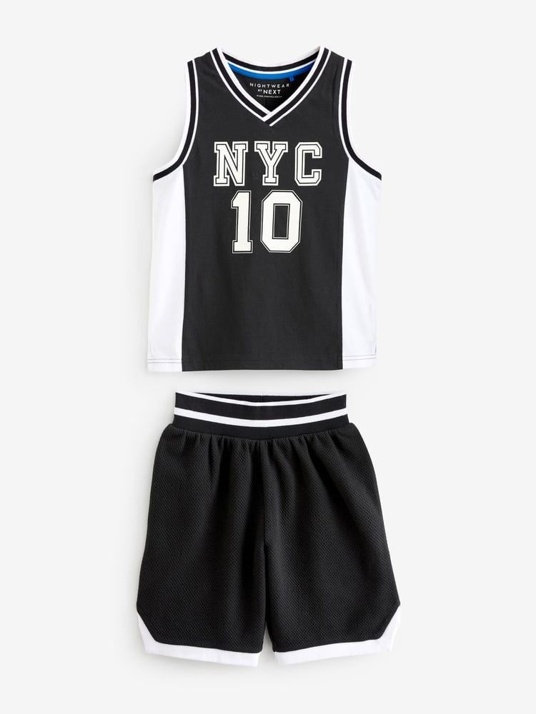 Blue/Black Basketball 100% Cotton Short Textured Bottom Pyjamas 2 Pack (4-16yrs) - Image 2 of 6 Blue/Black Basketball 100% Cotton Short Textured Bottom Pyjamas 2 Pack (4-16yrs) - Image 2 of 6