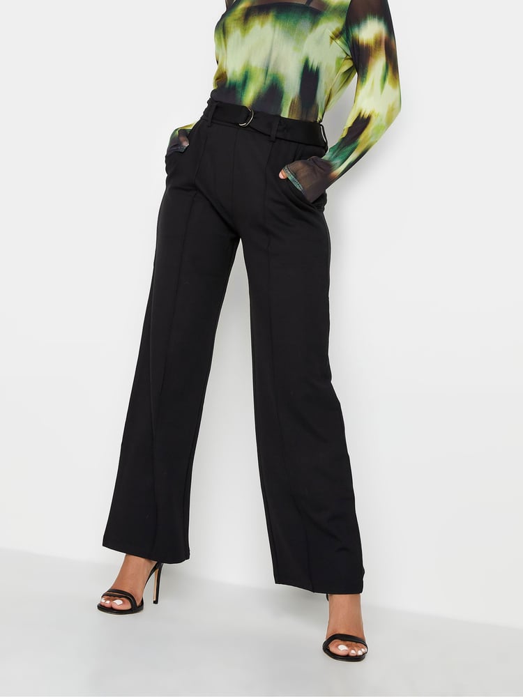 PixieGirl Petite Black Pintuck Belted Wide Leg Trousers - Image 1 of 3