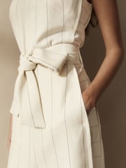 White Premium Wide Leg Striped Linen Belted Jumpsuit - Image 2 of 6