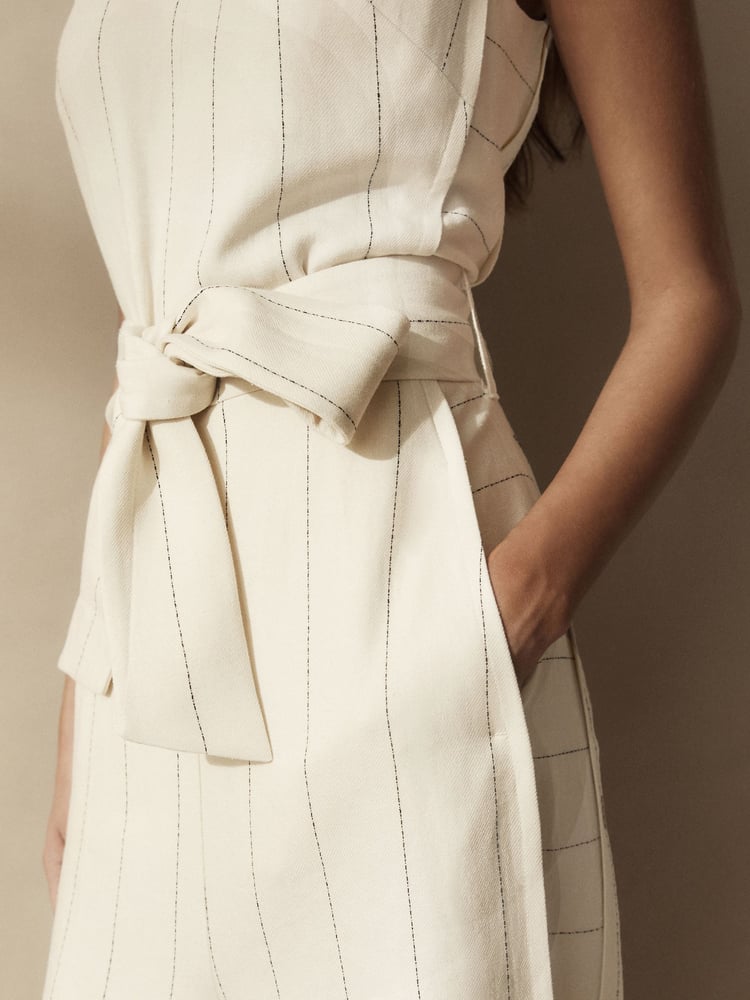 White Premium Wide Leg Striped Linen Belted Jumpsuit - Image 2 of 6