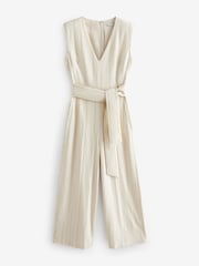 White Premium Wide Leg Striped Linen Belted Jumpsuit - Image 3 of 6
